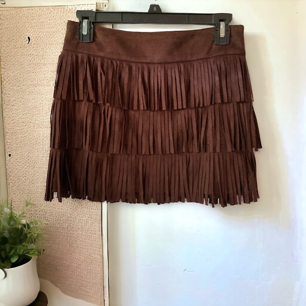 BEBE Fringe Suede Moccasin Brown Western Mini Skirt X-Small Zip-Up
